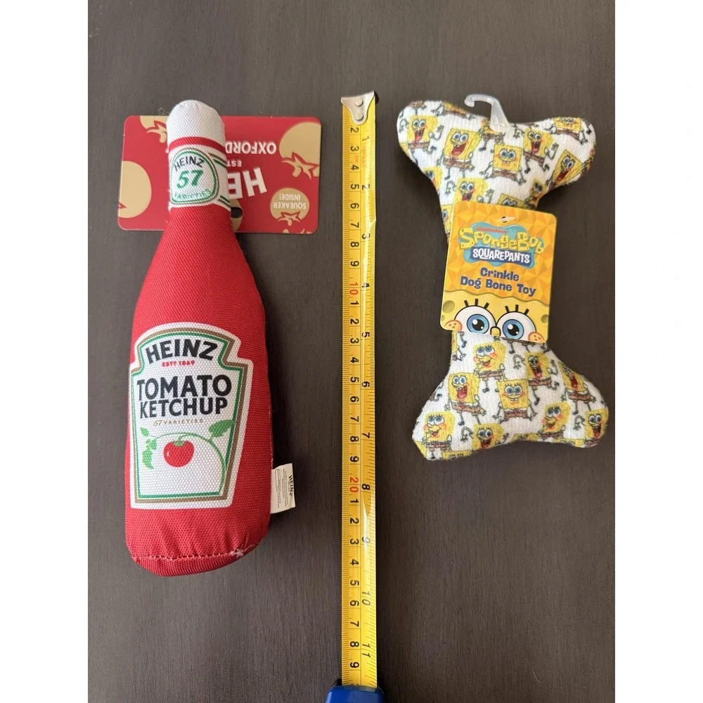 Heinz Nickelodeon SpongeBob Dog Toy Set Ketchup Bottle Crinkle Bone Squeaker New